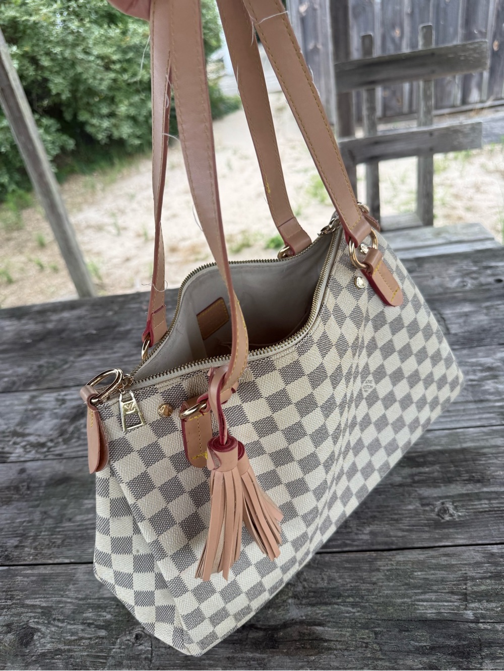 Designer-Style Cream checkered Shoulder Bag with Tan Trim and leather tassels - Picture 9 of 14